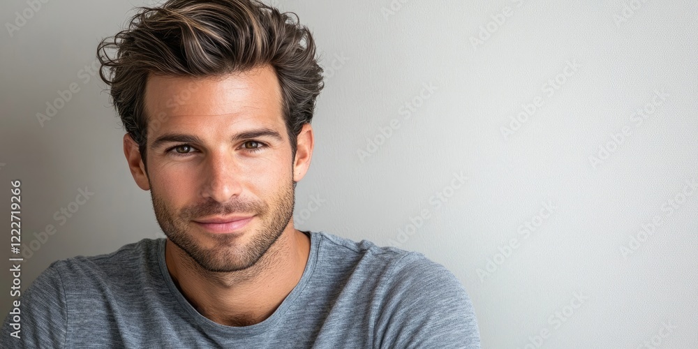 Poster handsome man with wavy hair in a grey shirt against a light grey background with ample empty space o