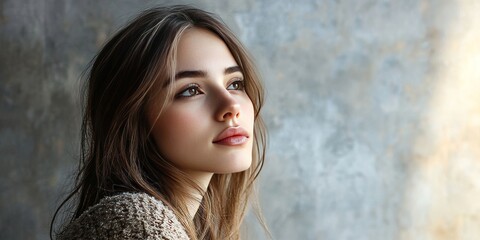 Fototapeta premium Young woman with soft features gazing thoughtfully to the left against a warm light grey textured backdrop highlighting her natural beauty.