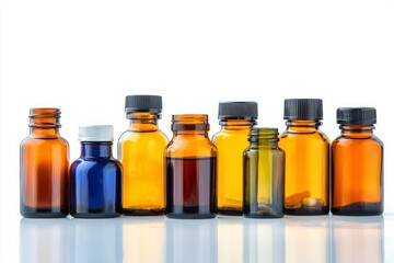 Assortment of Amber and Blue Glass Bottles for Healthcare Products