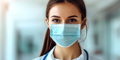 Young female medical professional with brown hair wearing a blue surgical mask and white coat, focused gaze in a clinical setting softly lit.