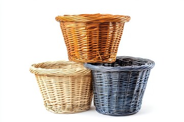 Three Colorful Wicker Baskets - A Charming Collection of Handmade Storage Solutions for Home Decor