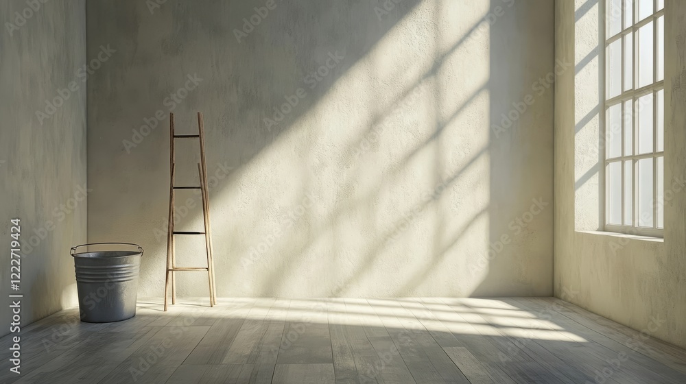 Poster light filtering through a window in a minimalist room with a ladder and bucket in the corner creatin