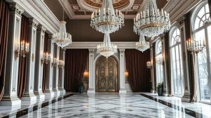 Fototapeta premium Grand foyer with crystal chandeliers and marble flooring, surrounded by velvet curtains, crystal chandeliers, elegant seating areas