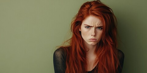 Fototapeta premium Disgruntled young woman with long red hair against a muted green background, gazing off to the side, conveying emotions of sadness and reflection.
