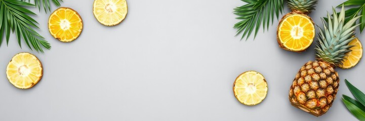 Gray background with a beautiful arrangement of fresh pineapple slices and tropical leaves, creating a stunning visual composition, vibrant, fresh pineapple, food