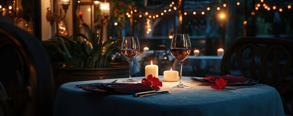 Romantic candlelit dinner setting with red wine and flowers on elegant table