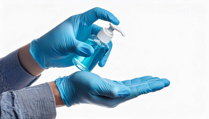 Hand wearing latex gloves holding alcohol gel sanitizer pump bottle