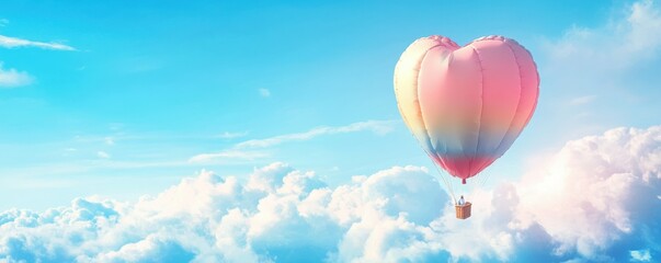 Obraz premium Heart-shaped hot air balloon floating amongst fluffy white clouds in blue sky