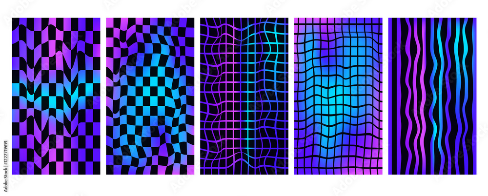 Poster checkerboard holographic background set. psychedelic checker gradient posters templates. surreal che