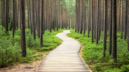 Winding Wooden Path Through Lush Pine Forest