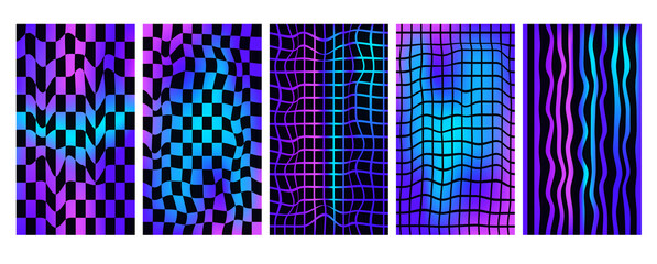 Checkerboard holographic background set. Psychedelic checker gradient posters templates. Surreal...