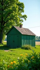 Rustic green metal shed in a rural landscape surrounded by fields and trees, agriculture, countryside