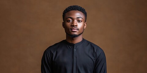 Obraz premium Young African man in a black long-sleeved shirt standing confidently against a warm brown background showcasing a professional studio setting.