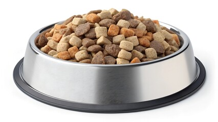 A clean, studio shot of a stainless steel dog food bowl filled to the brim with dry dog kibble.