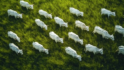 Aerial View of White Cattle Grazing on Lush Green Field Under Bright Blue Sky Capturing the Serenity of Pastoral Livestock Farming in Natural Environment