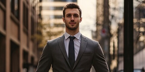 Fototapeta premium Confident young professional in a gray suit and tie standing in an urban street with blurred buildings in the background during daylight.
