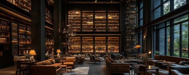 Cozy modern library cafe with warm lighting and luxurious leather furnishings