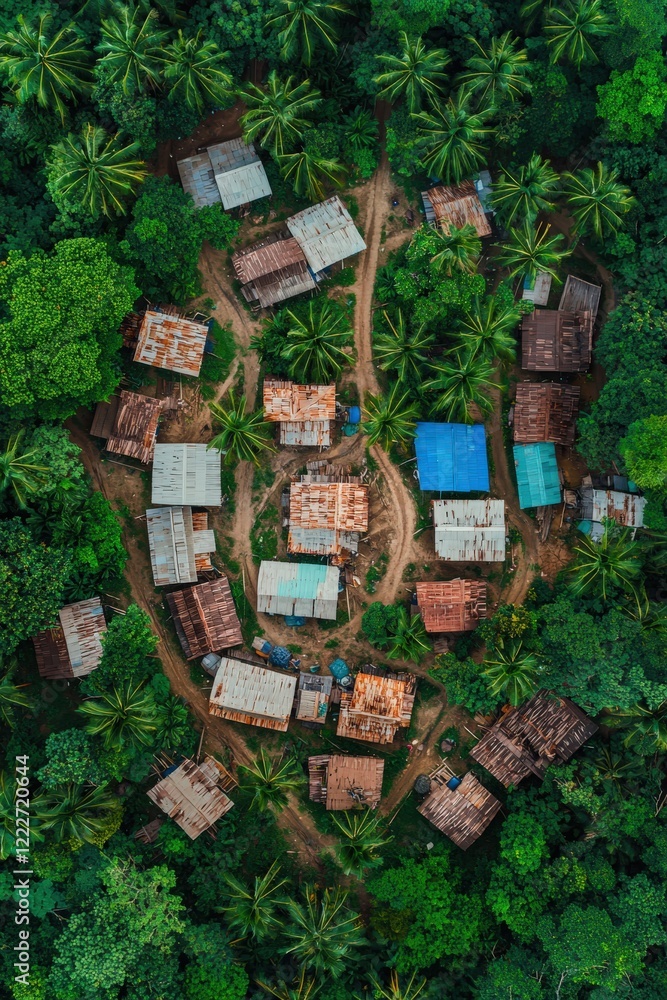 Poster top view of a forest showcasing harmony between humans and nature with trails connecting communities