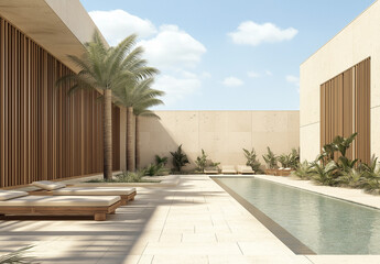 Fototapeta premium Modern Luxury Villa in Dubai with Pool and Palm Tree Garden