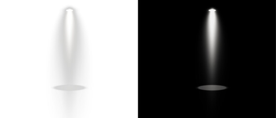 White spotlight shines on transparent background. Glowing light effect. Scene spotlight on stage. Spotlight PNG. Vector lights: source, studio, walls. PNG file.