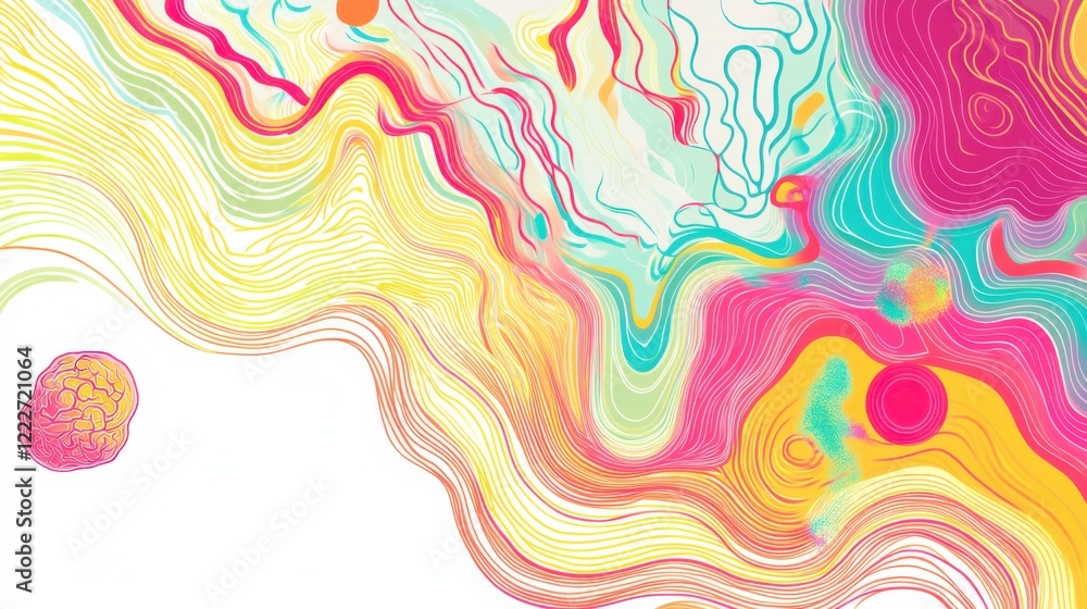 Poster colorful abstract waves and swirls creating a vibrant, dynamic pattern with organic shapes