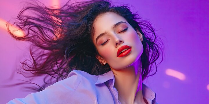Brunette woman with flowing hair, closed eyes, red lips, wearing a lavender shirt, dancing gracefully against a vibrant purple background. - Powered by Adobe