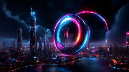 Fototapeta premium Neon glowing rings hover above a futuristic city, surrounded by towering skyscrapers and a dynamic, colorful atmosphere. 