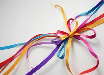 Fototapeta premium Group of curved ribbons in different lengths and colors, tied together with a bow at the center, forming a continuous line on a white background, line, tie