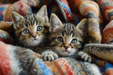 Two striped kittens with blue eyes are cuddling together under a colorful warm blanket