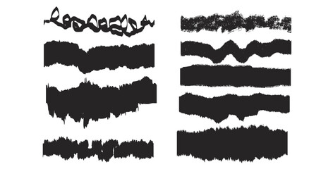 Grunge thick brush highlights set. Line torn shapes modern black. Vector hand drawn underline textures collection illustration isolated on white background.