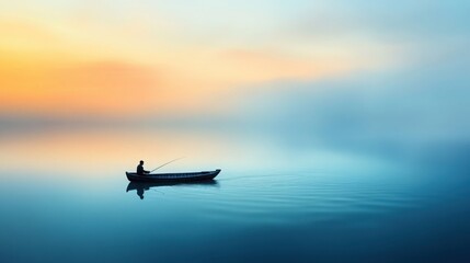 a small fishing boat on a calm river at dawn, with mist rising from the water 