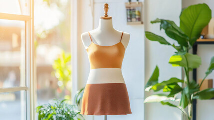 Representations of Rust Concept, stylish dress with subtle rust like gradient pattern displayed on mannequin