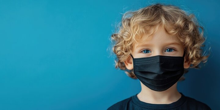 Adorable little boy with curly blonde hair wearing a black medical mask standing alone against a vibrant blue backdrop emphasizing health safety themes