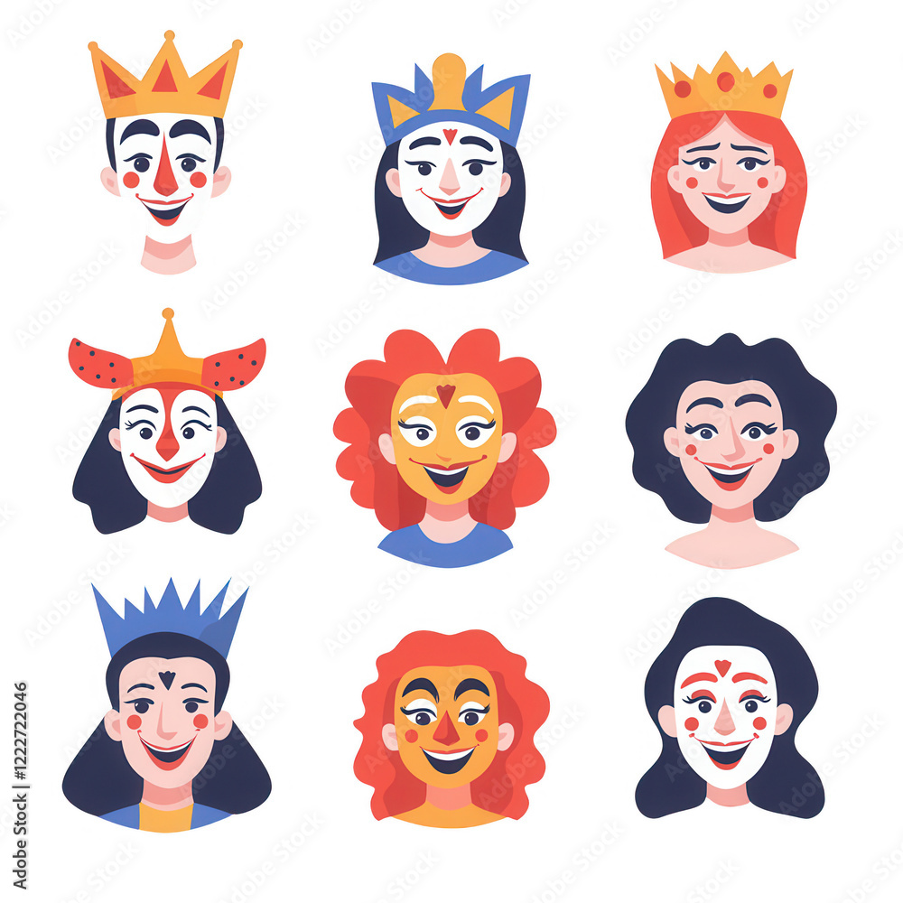 Poster colorful faces of characters embodying fun and festivity in a vibrant style., isolated on a transpar