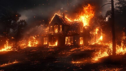 Destruction of a historic house engulfed in flames during a forest fire at dusk