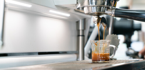 Preparing coffee in coffee shop with professional coffee machine