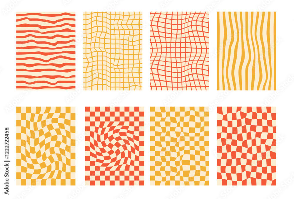 Poster groovy checkerboard pattern set. psychedelic checker background pack. trippy y2k retro vertical text