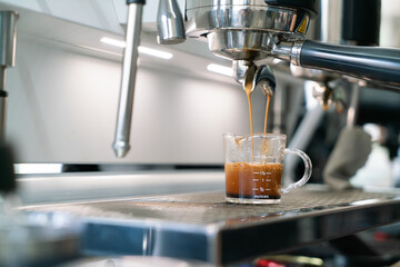 Preparing coffee in coffee shop with professional coffee machine