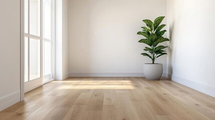 Energy efficiency minimalist concept. A bright and airy room with a potted plant, wooden floor, and spacious feel.