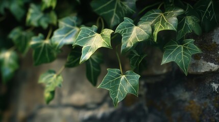 Obraz premium Green ivy leaves climbing a rustic stone wall in natural sunlight during the day