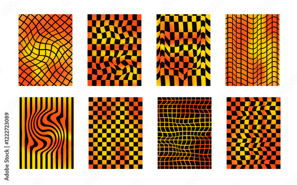 Poster checkerboard neon background set. psychedelic checker gradient posters templates. surreal chessboard
