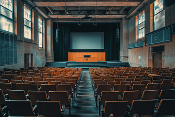 Naklejka premium Empty auditorium with wooden seating and a large screen in the background, ideal for presentations