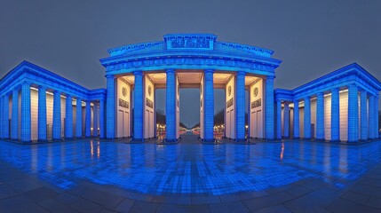 Fototapeta premium Blue Illuminated Archway with Columns in Perfect Symmetry, Grand Cityscape Night Architecture