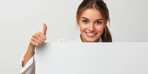 Fototapeta premium Smiling young woman in white shirt giving a thumbs up behind a blank white signboard in a neutral studio setting with soft lighting.