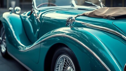 Fototapeta premium Classic turquoise convertible car parked on city street during sunny afternoon