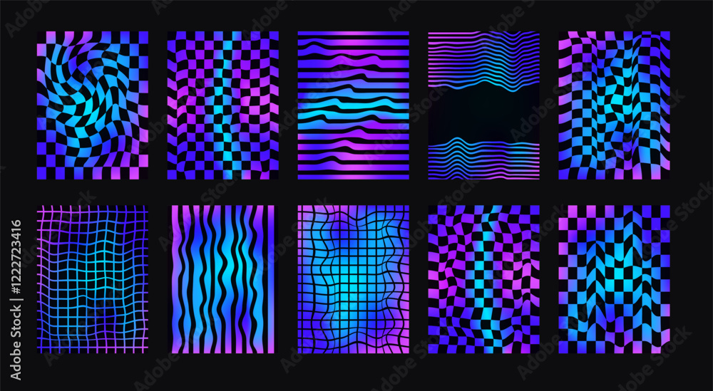 Poster checkerboard neon background set. psychedelic holo checker gradient posters templates. surreal chess
