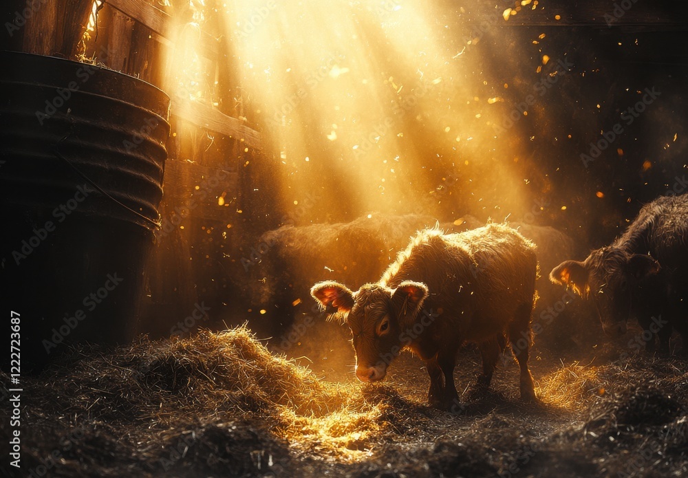 Poster beautiful sunlight streaming through a barn creating a magical setting with calves grazing in soft h