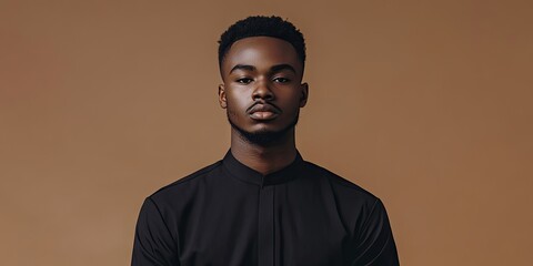 Fototapeta premium Young African man in black longsleeved shirt with neutral expression posing against a warm brown background showcasing confidence and style.