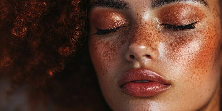 Closeup of a woman with curly red hair and freckles showcasing her shimmering bronze eyeshadow and glossy lips against a soft neutral background.