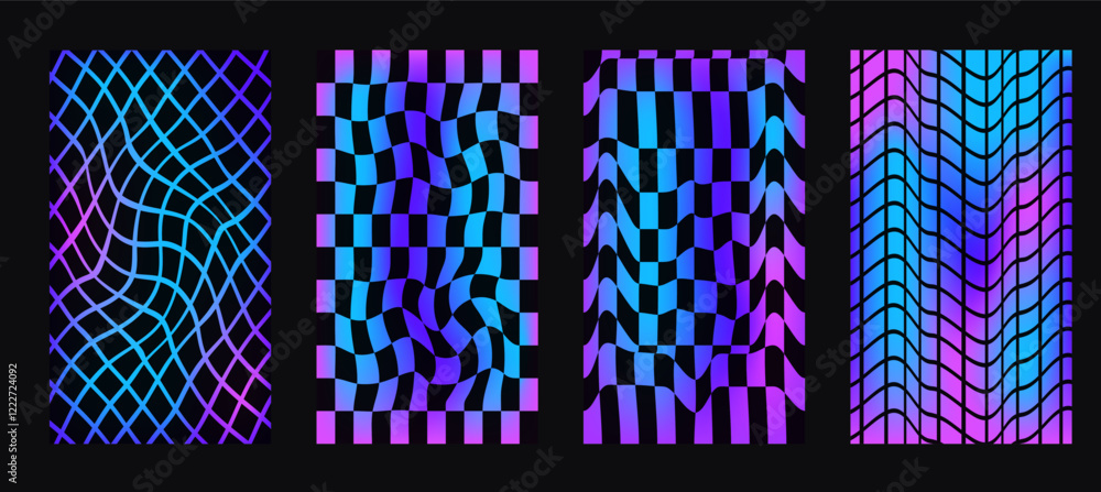Poster checkerboard neon background set. psychedelic gradient checker posters templates. surreal chessboard